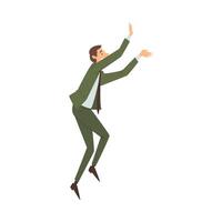 Man in office clothes joyfully jumps and claps cartoon illustration vector