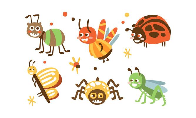 Cute Insects Set, Ladybug, Beetle, Ant, Spider, Butterfly, Grasshopper Childish Prints Illustration