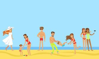 Tourists on Summer Vacation Set, Happy People Relaxing and Having Fun on the Beach Illustration vector