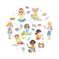 Kids Reading Books, Studying and Enjoying Literature in the Round Shape Illustration vector