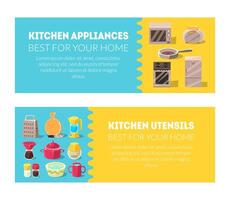 Kitchen Utensils and Household Appliances Banner Templates Set with Place for Text, Design Element Can Be Used for Flyer, Voucher, Certificate Illustration vector