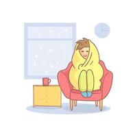 Lazy Apathetic Young Man Wrapped in a Blanket Sitting in Armchair Illustration vector