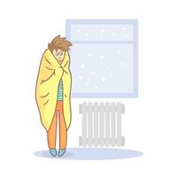 Lazy Apathetic Young Man Wrapped in a Blanket Standing Next to Heating Radiator Illustration vector