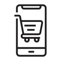Online shopping cart icon on smartphone, e-commerce and mobile shopping symbol, black and white illustration isolated on white background vector