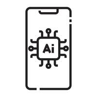 AI smartphone chip icon, artificial intelligence processor in mobile technology symbol, black and white illustration isolated on white background vector