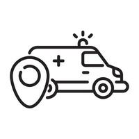 Ambulance with Location Pin Icon, Emergency Medical Service and Help Concept, Black and White Outline Illustration Isolated on White Background vector