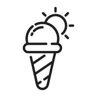 Ice Cream Cone with Sun Icon, Summer and Refreshing Dessert Symbol, Black and White Outline Illustration Isolated on White Background vector
