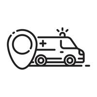 Ambulance with Location Pin Icon, Emergency Medical Service and Help Concept, Black and White Outline Illustration Isolated on White Background. vector