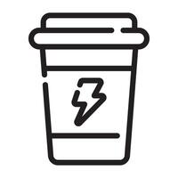 Takeaway Coffee Cup with Energy Symbol Icon, Caffeine Boost and To-Go Drink, Black and White Outline Illustration Isolated on White Background vector