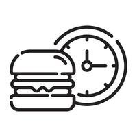 Burger and Clock Icon, Fast Food and Meal Time Symbol, Black and White Outline Illustration Isolated on White Background vector