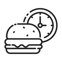 Fast Food and Time Icon, Burger with Clock Symbol, Black and White Outline Illustration Isolated on White Background vector