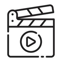 Movie Clapperboard Icon with Play Button, Outline Style, Isolated on White Background. vector