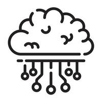 Brain and Technology Icon, Neural Network and AI Concept, Black and White Outline Illustration Isolated on White Background vector