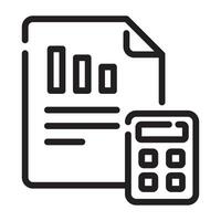 Accounting document with calculator outline icon, finance and business analysis symbol, black and white illustration isolated on white background vector