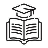 Open book with graduation cap outline icon, education and learning symbol, black and white illustration isolated on white background vector