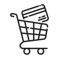 Shopping cart with credit card outline icon, e-commerce and online payment symbol, black and white illustration isolated on white background vector