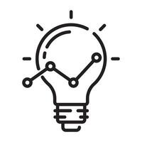 Light bulb with data analytics outline icon, innovation and business intelligence symbol, black and white illustration isolated on white background vector