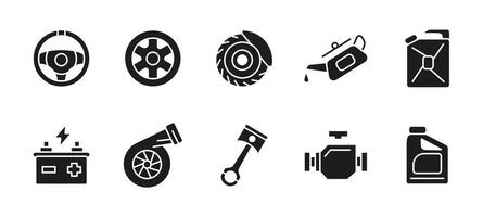 Car part icon set black silhouette. Automotive repair and maintenance illustration. Collection of engine components, wheels, battery, turbo and brake disc. Fuel and oil container symbols. vector