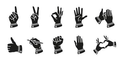 Hand gesture icon set. Communication and body language illustration. Collection of different hand signs including pointing, thumbs up, fist and clapping. Expression and agreement symbols. vector
