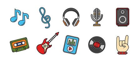 Music icon set colored. Audio and melody illustration. Collection of musical elements including notes, microphone, headphones, speaker and guitar. Vintage cassette, vinyl and playlist symbol. vector
