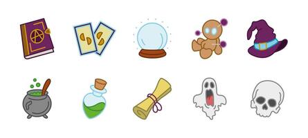 Magic icon set colored. Mystical and occult illustration. Collection of spell book, crystal ball, potion, tarot cards and witch hat. Symbols of wizardry, ghost, skull and alchemy colorful. vector