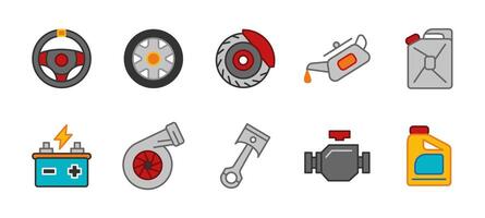 Car part icon set colored. Automotive repair and maintenance illustration colorful. Collection of engine components, wheels, battery, turbo and brake disc. Fuel and oil container symbols. vector