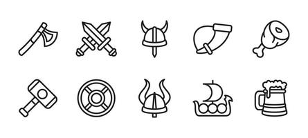 Medieval warrior icon set. Viking and ancient warrior illustration. Includes helmet, axe, shield, sword, battle horn, ship, hammer and beer mug. Nordic history and armor symbols. vector