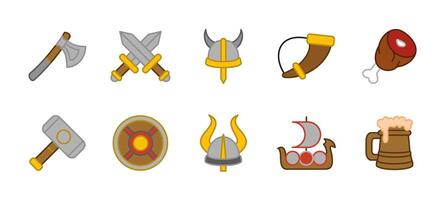 Medieval warrior icon set colored. Viking and ancient warrior illustration. Includes helmet, axe, shield, sword, battle horn, ship, hammer and beer mug. Nordic history armor symbols colorful. vector