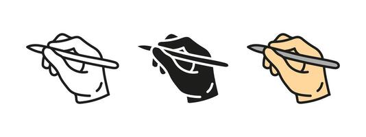 Hand holding pen icon. Writing and drawing gesture. Educational and professional illustration. Creativity and office work concept. Signature and note-taking symbol. vector