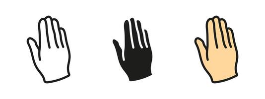 Hand stop sign icon. Gesture for warning and caution. Attention and alert illustration. Restriction and prohibition pictogram. Safety control concept. vector
