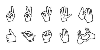 Hand gestures icon set. Various expressive finger signs. Communication and body language illustration. Victory and approval concept. Clapping, pointing and greeting symbol. vector