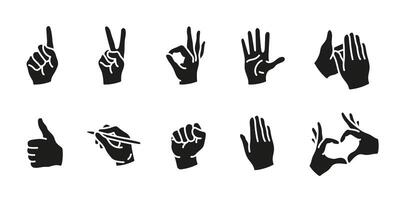 Hand gestures icon set black. Various expressive finger signs. Communication and body language illustration silhouette. Victory and approval concept. Clapping, pointing and greeting symbol. vector