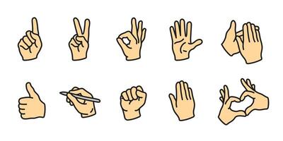 Hand gestures icon set colored. Various expressive finger signs. Communication and human body language illustration. Victory and approval concept. Clapping, pointing and greeting symbol. vector