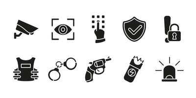 Security police icon set black. Law enforcement and crime prevention illustration. Surveillance and protection concept. Safety and monitoring symbols. Emergency and authority representation. vector