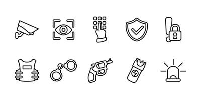 Security police icon set. Law enforcement and crime prevention illustration. Surveillance and protection concept. Safety and monitoring symbols. Emergency and authority representation. vector
