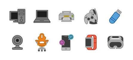 Technology and device icon set colored. Computer, laptop and printer illustration. USB, webcam and smartphone concept. Smartwatch and gaming accessories colorful symbols. vector