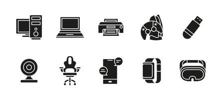 Technology and device icon set black. Computer, laptop and printer illustration silhouette. USB, webcam and smartphone glyphs concept. Smartwatch and gaming accessories symbols. vector