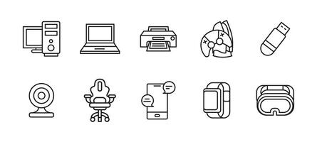 Technology and device icon set. Computer, laptop and printer illustration. USB, webcam and smartphone concept. Smartwatch and gaming accessories symbols. vector