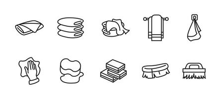 Cleaning icon set. Household hygiene and sanitation illustration. Towel, sponge and brush concept. Scrub, wipe and detergent symbols. vector