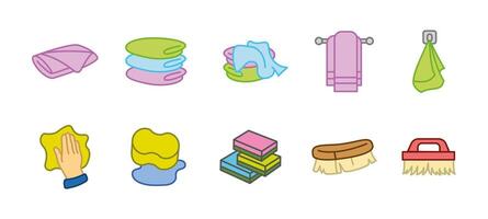 Cleaning icon set colored. Household hygiene and sanitation illustration cartoon style. Towel, sponge and brush concept. Scrub, wipe and detergent colorful symbols. vector