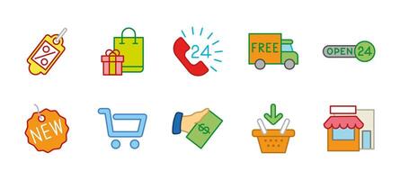 Online ecommerce icon set. Shopping and retail symbol colorful collection. Discount tag, store and basket illustration. Free delivery and e-commerce sign. Payment and checkout colored pictogram vector