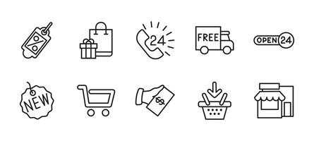 Online ecommerce icon set. Shopping and retail symbol collection. Discount tag, store and basket illustration. Free delivery and e-commerce sign. Payment and checkout pictogram. vector