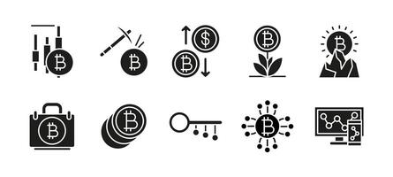 Crypto icon set black. Bitcoin and blockchain glyph collection. Digital currency illustration silhouette. Mining, investment and finance sign. Decentralized payment and transaction pictogram. vector