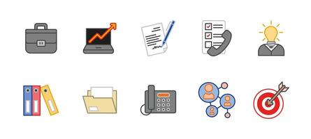 Business icon set colored. Office and work symbol colorful. Finance strategy illustration. Management, communication and corporate sign. Productivity, teamwork and goal achievement pictogram. vector