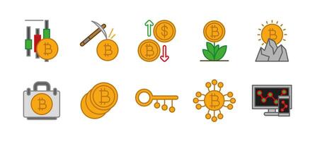 Crypto icon set colored. Bitcoin and blockchain symbol colorful collection. Digital currency illustration. Mining, investment and finance sign. Decentralized payment and transaction pictogram. vector