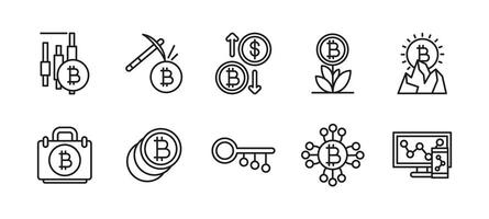 Crypto icon set. Bitcoin and blockchain symbol collection. Digital currency illustration. Mining, investment and finance sign. Decentralized payment and transaction pictogram. vector