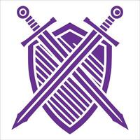 Purple Emblem with Crossed Swords and Shield Symbolizing Protection and Strength for Medieval Themes vector