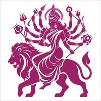Goddess Durga Riding Lion with Multiple Arms Holding Tridents Hindu Mythology Art for Festivals and Celebrations vector