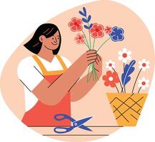 A flat illustration of a woman doing floral arrangement vector