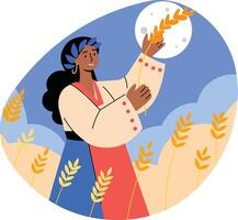 A woman harvesting wheat, flat style illustration vector
